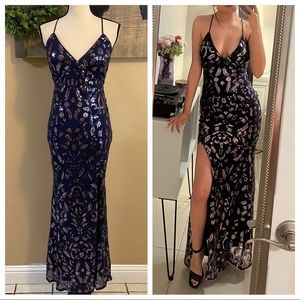 NWOT Lulus Queen for the Night Navy Blue Sequin Lace-Up Mermaid Maxi Dress